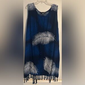 Navy Blue and White Leaf Print Women's Dress size XL Fringes at bottom